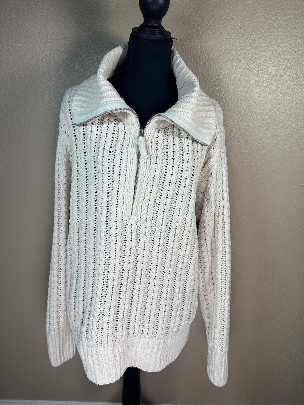 Aerie Cream Ivory Textured Knit Quarter Zip Sweater Size Large